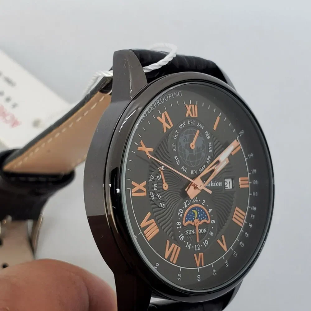 Men's Watch 40MM Black Dial Black‎ Leather Bands Roman Numerals Date Indicator